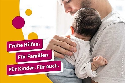 Ein Vater hält sein Baby auf dem Arm. Text: Frühe Hilfen. Für Familien. Für Kinder. Für euch.