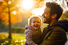 Ein Vater hält in einem Park sein Baby auf dem Arm, beide lachen fröhlich