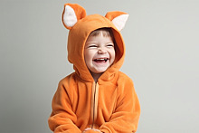 Ein Kleinkind trägt ein Fuchskostüm und lacht 