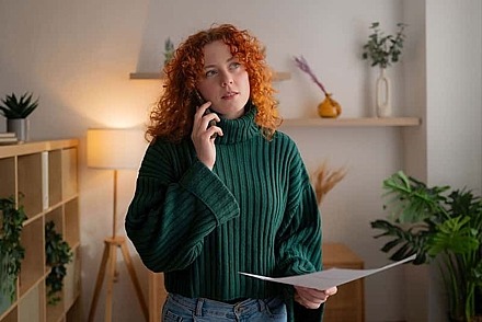 Eine Frau hält eine To-do-Liste in der Hand und telefoniert.