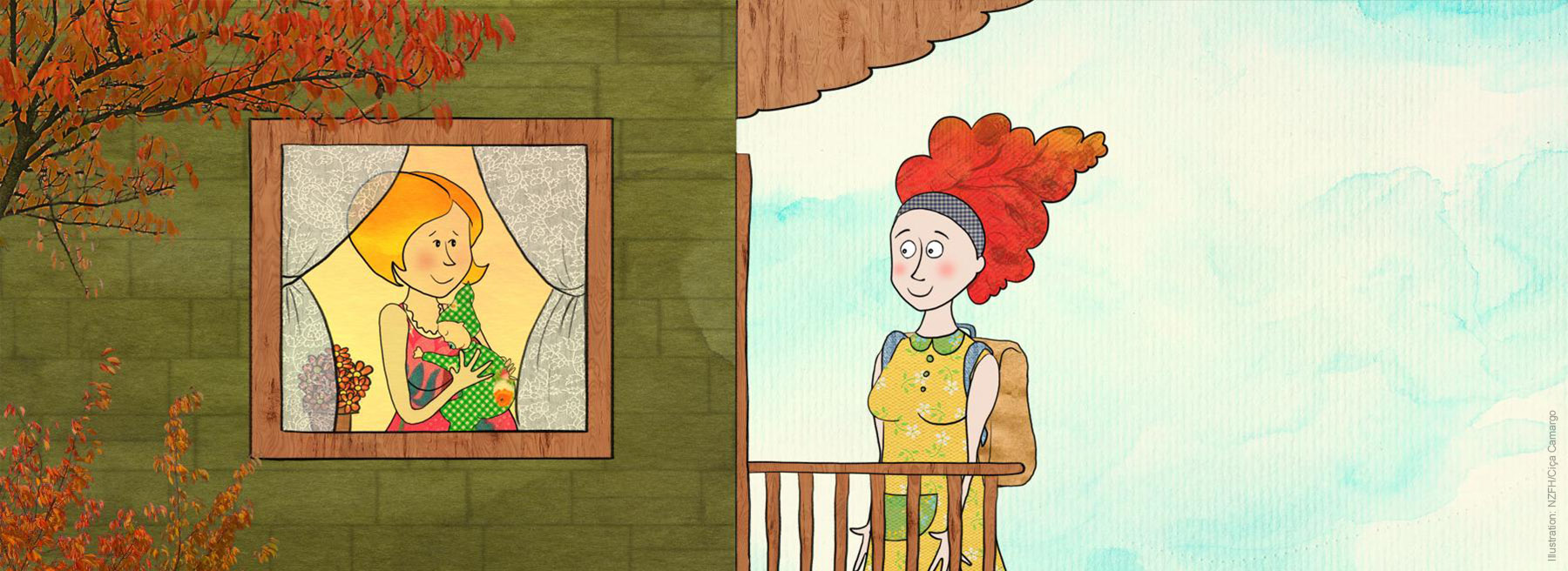 Illustration Hebamme besucht Mutter mit Baby