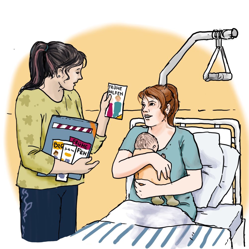 Eine Lotsin in der Geburtsklinik zeigt Mutter ein Info-Heft Eine Lotsin in der Geburtsklinik zeigt Mutter ein Info-Heft
