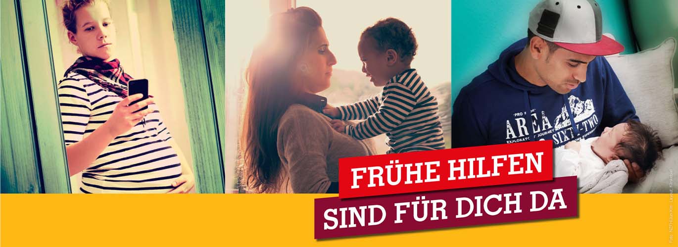 Frühe Hilfen sind für dich da Collage aus drei Fotos Schwangere mit Handy, Mutter mit trotzendem Kleinkind und Vater mit Baby
