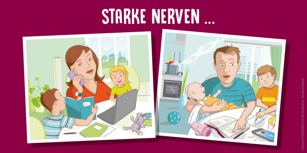 Postkarte mit Illustration von gestressten Eltern